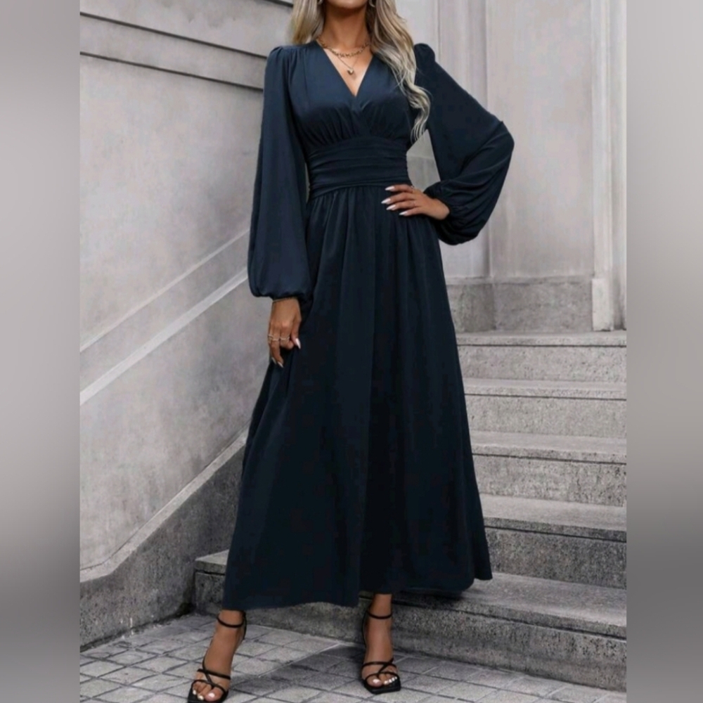 NEW Chic Ruched Waist Lantern Sleeve Maxi Dress Navy Blue